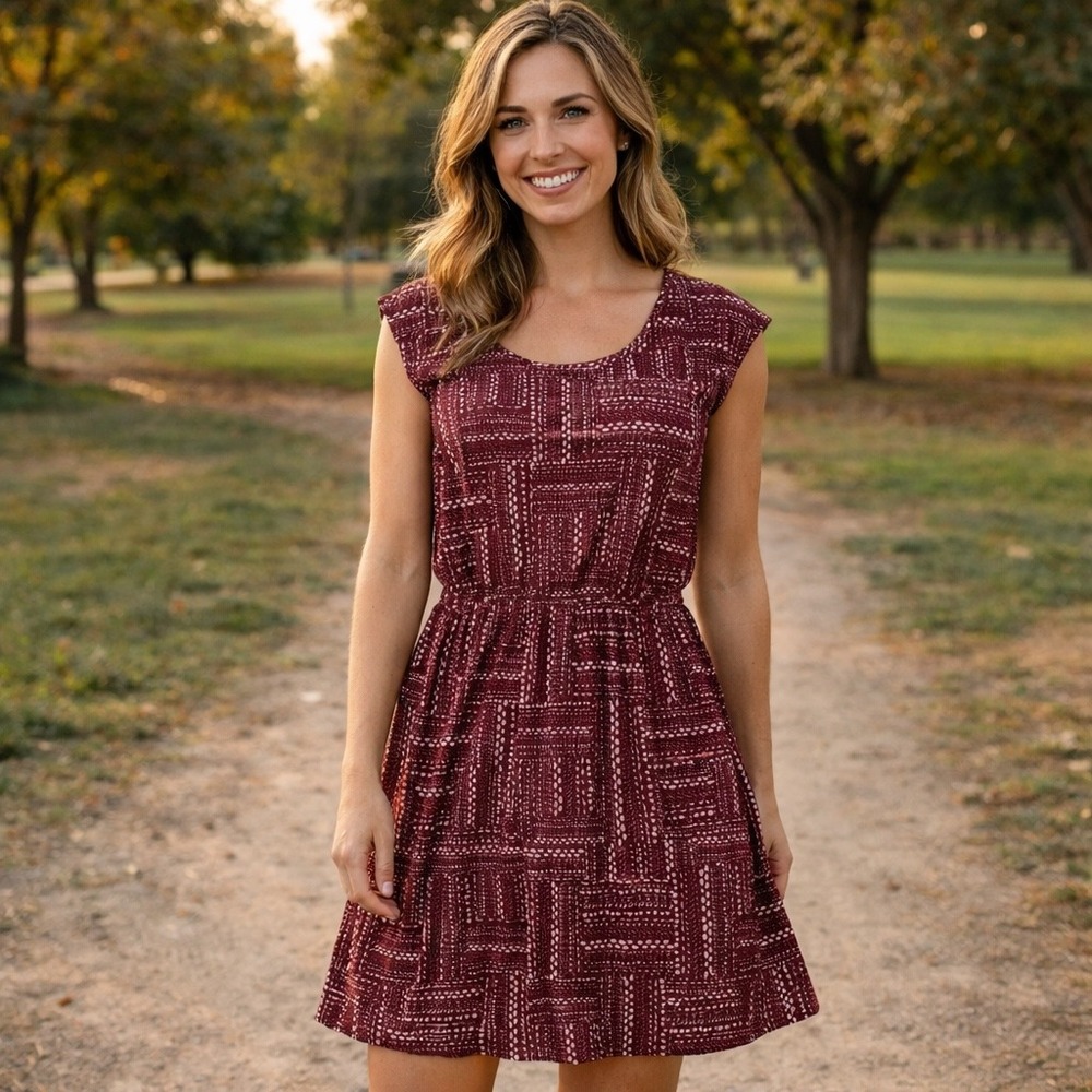 Southern Tide Women's Gameday Dress New Burgundy Geometric Print Medium Style
